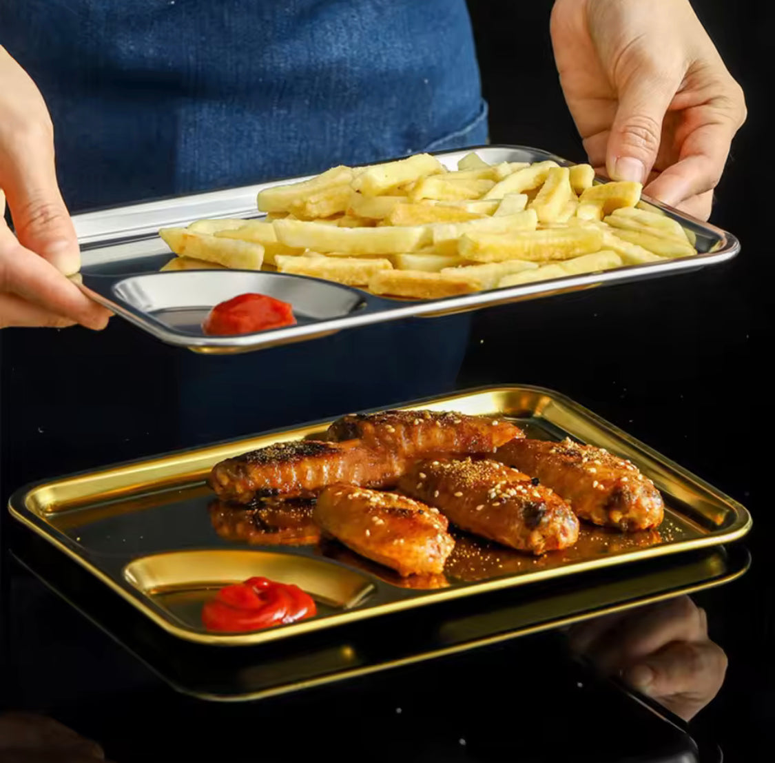 Multifunctional Dumpling Chips Plate, Stainless Steel Food Serving Tray, Dumpling Plate Appetizer, Snack Dish Serving Plate, French Fries Dish