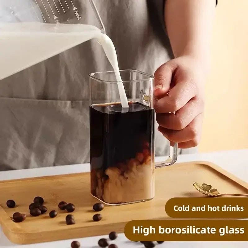 Square Coffee Mug With Wooden Top And Straw, 400ml Colored Handle Drinking Glass Cup, Transparent Drink Cup, Party Beverage Cup, Portable Glass Water Cup with Straw Lid, Household Borosilicate Straw Glass