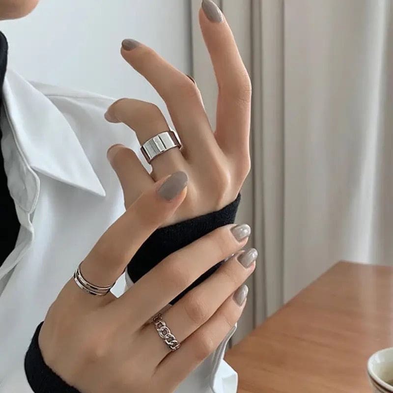 Set Of 3 Metal Alloy Hollow Opening Ring, Silver Adjustable Wide Rings, Simple Fashion Finger Rings Jewellery
