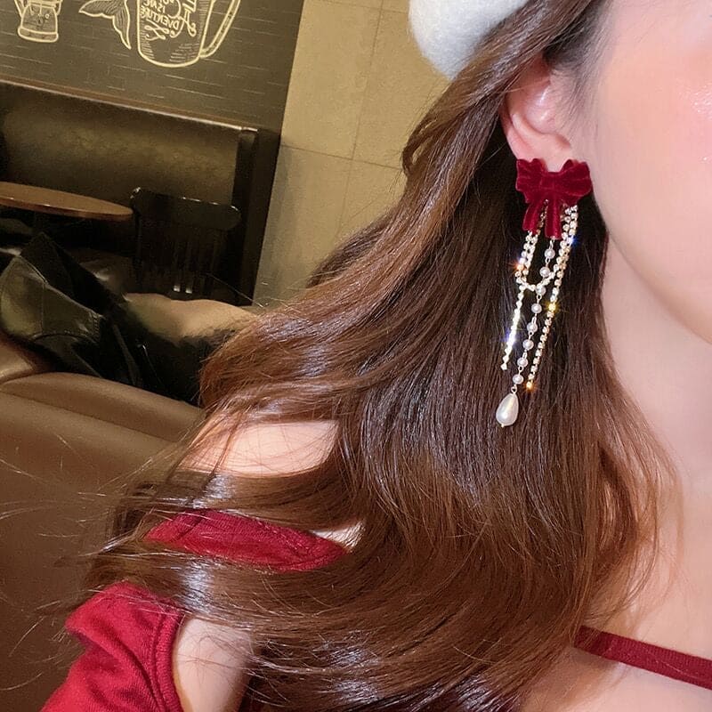 Fine Velvet Pearl Earrings, Long Tassels Crystal Hyperbole Bowknot Dangle Earrings, Red Velvet Bow Pendant Stud Earrings, Temperament Flocking Bow Pearl Tassel Dangle Earrings