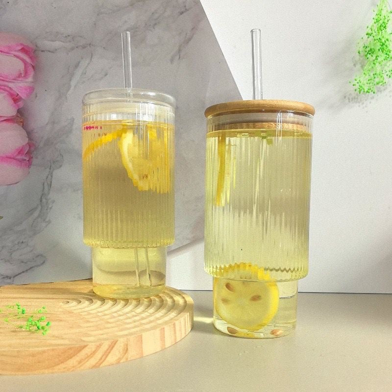 Transparent Stripe Glass Cup With Bamboo Lid, Stackable Coffee Glass Cup, Reusable Smoothie Drinking Glass With Straw