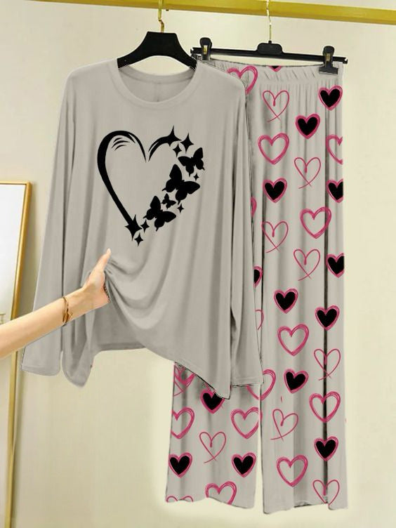 Printed Night Suit With Trouser, Sleep Wear Comfy Dress For Women, Cute Cartoon design Shirts And Heart Print Trouser