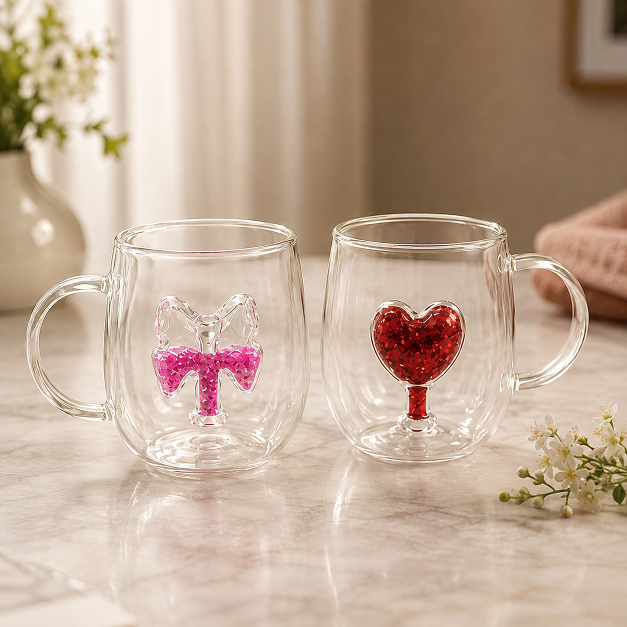 Double Wall Glass Coffee Mug, Transparent Heart & Bow Coffee Mugs, Cute Decorative Glass Tea Cup