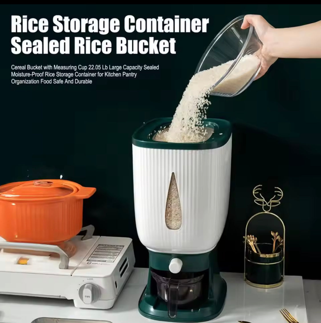 10KG Cereal Dispenser Bucket with Measuring Cup, Moisture Proof Rice Dispenser,