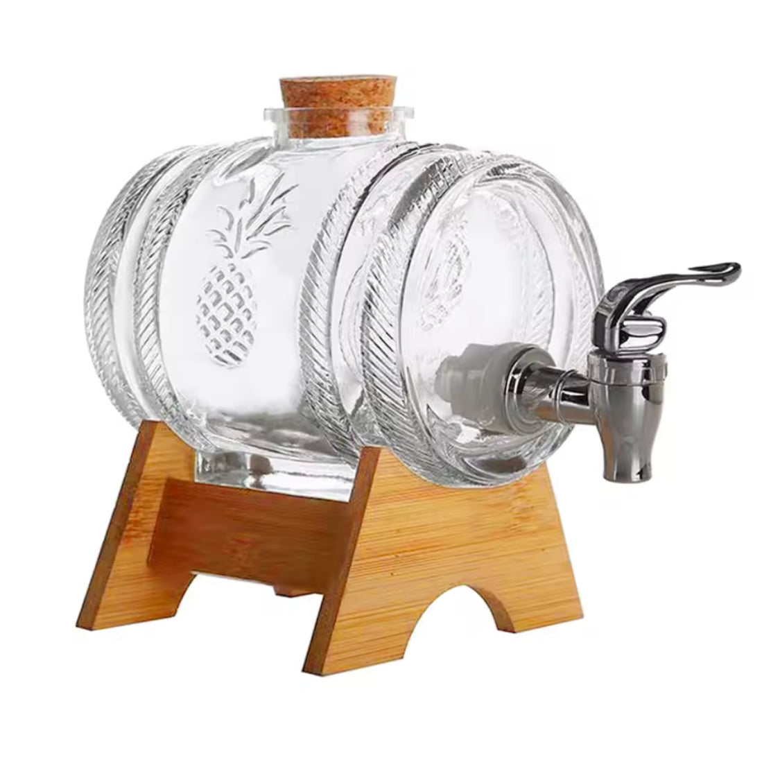 5L Crystal Barrel Glass Beverage Dispenser, Vintage Glass Drink Dispenser with Wooden Stand, Decorative Glass Lemonade Barrel, Elegant Serving Beverage Dispenser