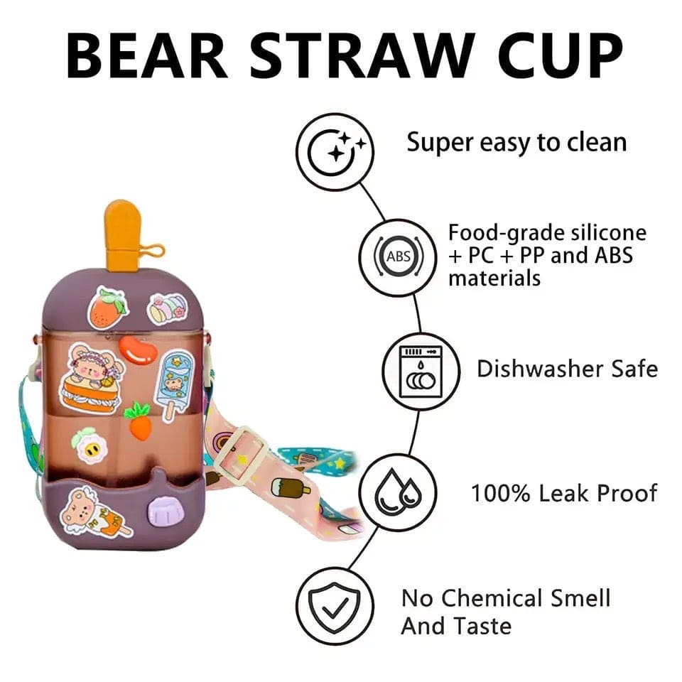 Cute Ice Cream Stick Water Bottle, Kids Leak Proof Bottle For School Nursery, 400ml Cute Plastic Water Kettle, Drinking Bottle with Straw and Strap, Easy to Carry Sports Bottles for Girls and Boys, Popsicle Water Bottle with Adjustable Shoulder Strap