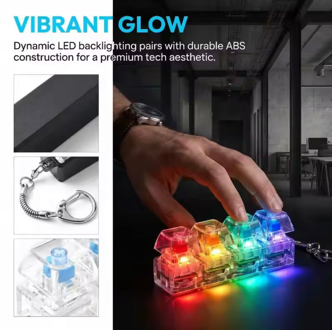 Keyboard LED Fidget Keychain, Mini RGB Fidget Switch Keychain, Mini Mechanical Key Switch Toy, Pocket Stress Relief Clicker