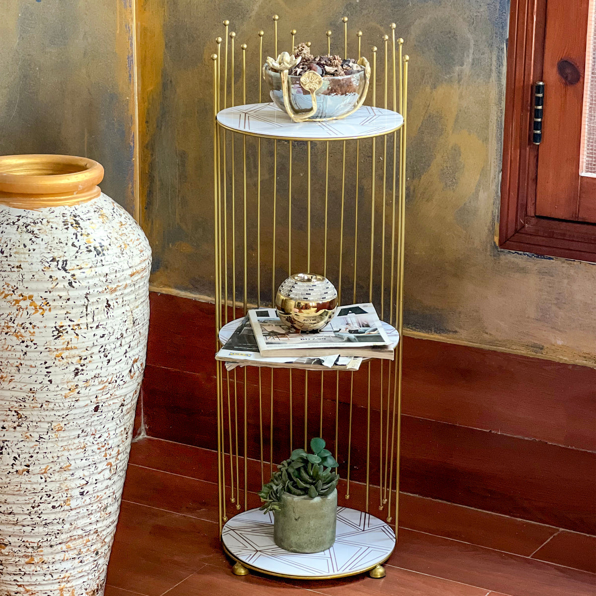 Royal Crown 3 Tier Display Tower, Multi Layer Round Wrought Iron Corner Stand,  Vanity Storage Shelf, No Drill Floor Standing Organizer
