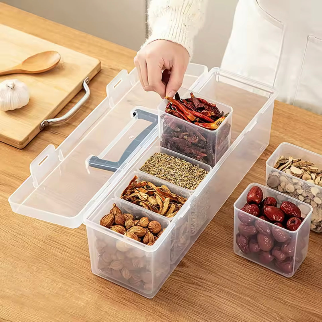6 Grids Sealed Plastic Storage Box With Handle, Portable Large Capacity Spice Storage Container, Spices Kitchen Organizer