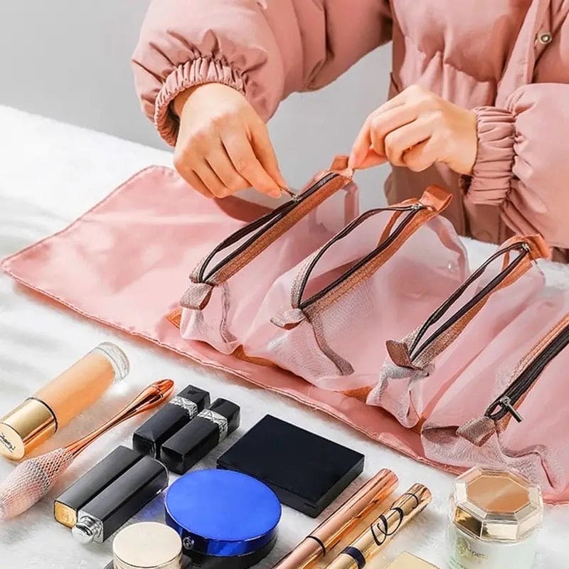 4 In 1 Foldable Mesh Bag, Separable Toiletry Storage Bag Organizer, Multifunctional Women Cosmetic Bag, Travel Organizer Foldable Hanging Nylon Wash Storage Bag, Portable Makeup Bag Toiletry Pouch, Portable Detachable Wash Pouch