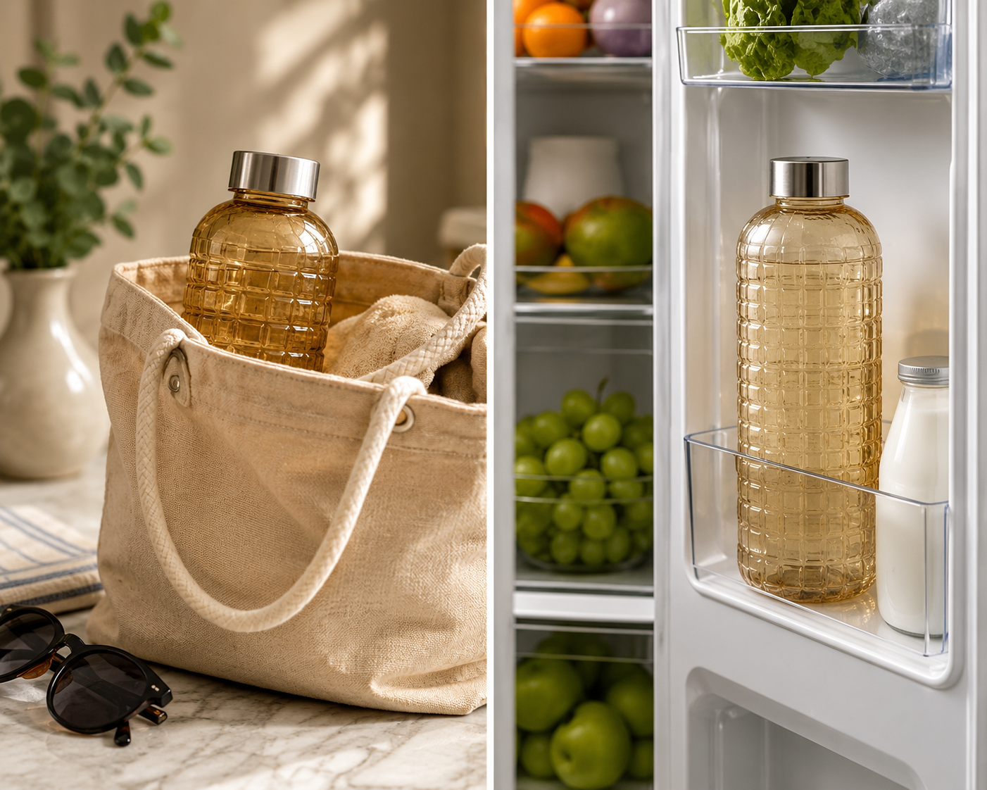 Elegant Grid Design Glass Water Bottle, Glass Water Bottle With Metal Cap, Luxury Embossed Glass Water Bottle, Aesthetic Grid Pattern Glass Bottle