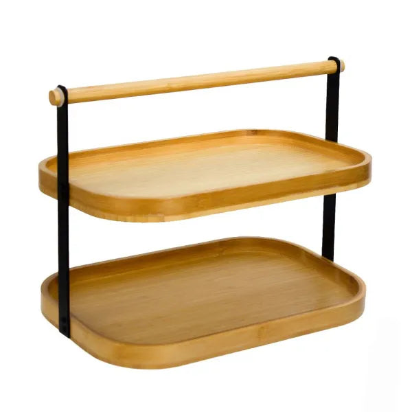 2 Tier Bamboo Kitchen Organizer, Nordic Bamboo Counter Rack, Multifunctional Serving Platter with Handle, Two Tier Serveware Tray