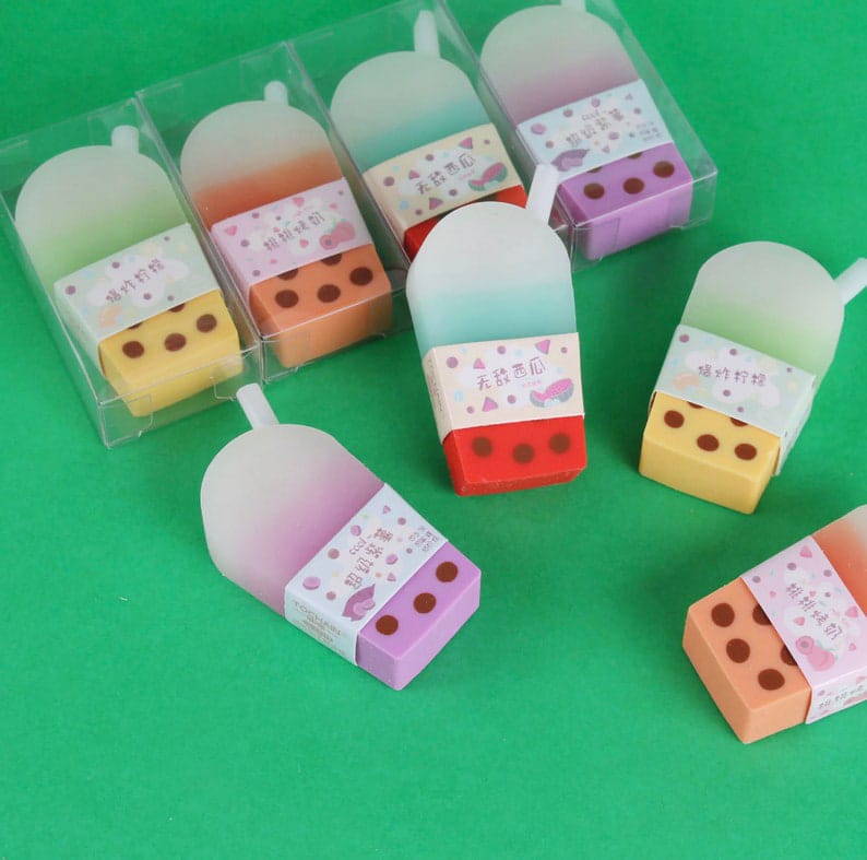 Milk Tea Design Eraser, Colourful Round Shape Eraser, Kids Cute Cartoon Rubber