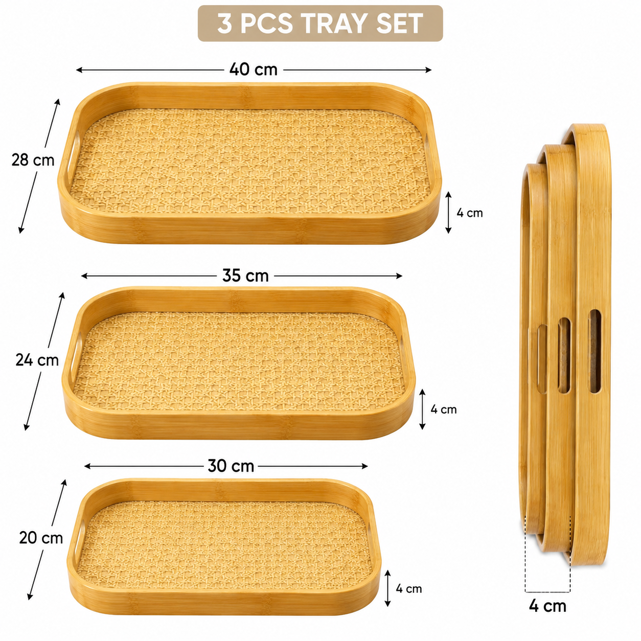 3pcs Bamboo Serving Tray Set,     Bamboo Serving & Display Tray Set,     Woven Design Bamboo Serving Trays, Natural Bamboo Breakfast & Serving Tray Set