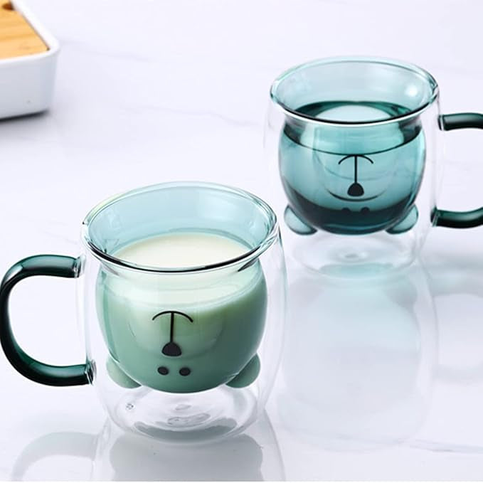 Adorable Bear Face Glass Coffee Mug, Double Wall Bear Buddy Glass Cup, Cute Bear Thermal Glass Mug