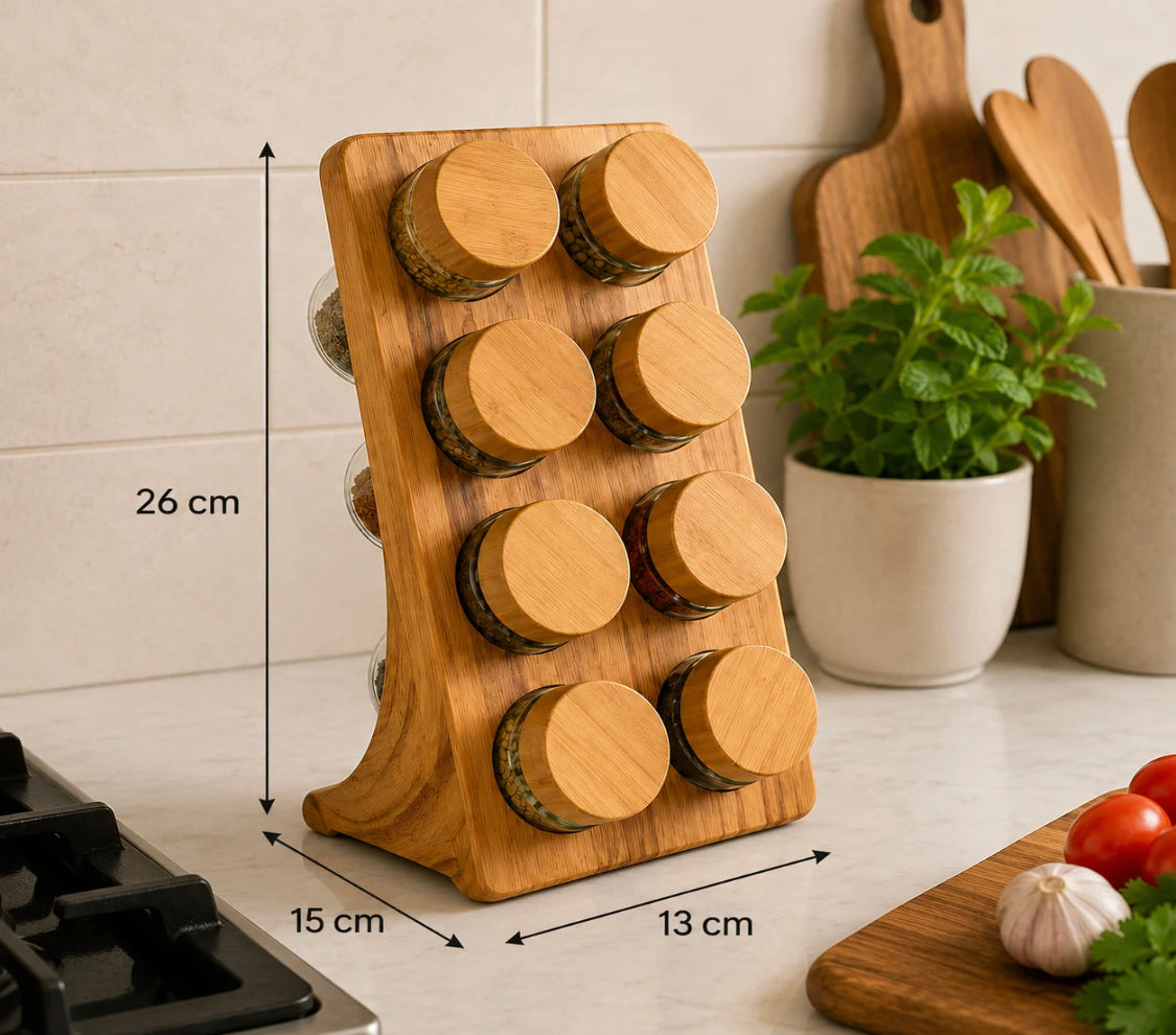 Hexagonal Bamboo Spice Rack With 8 Jars, Bamboo Spice Organizer, Wooden Masala Box with Glass Jars