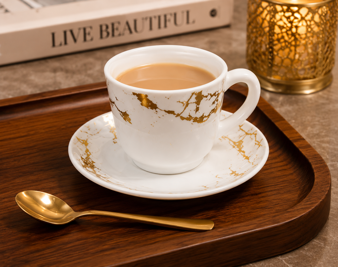 Elegant 6Pcs Tea Cup With Saucer Set, Golden Crackle Design Tea Cup Set, Insulated Coffee Mug, Coffee Glass