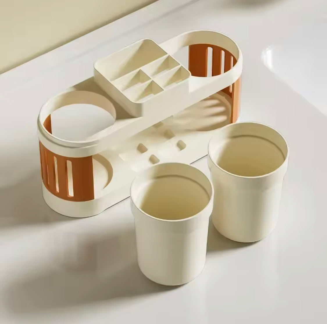 Toothbrush Holder With Mouthwash Cap, All In One Toothbrush Holder, Bathroom Toothbrush Shelf With Wash Cup Holder