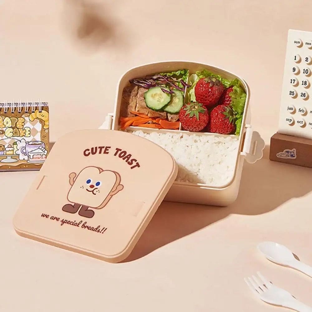 Square Toast Lunch Box, Plastic Partition Bento Box with Lid, Kids School Lunch Box, Snack Food Storage Container, 3 Grids Lunch Box with Cutlery, Cartoon Toast Pattern Students Bento Case for School Office