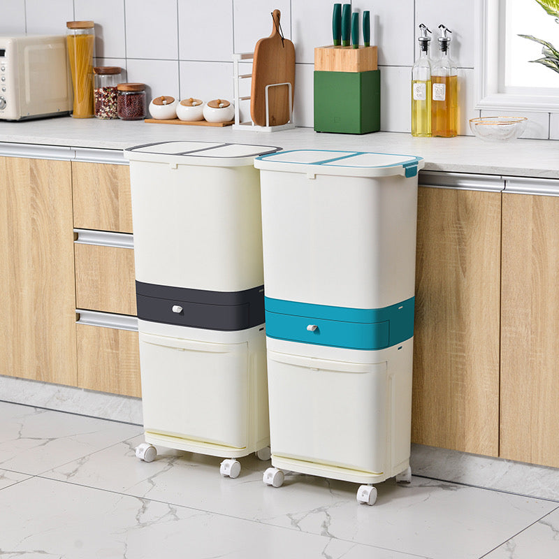 3 In 1 Kitchen Waste Bin Organizer, 2 Layers Garbage Container With Wheels, Smart Dual Trash Bin with Storage Drawer, Multi Layer Kitchen Dustbin, Rolling Kitchen Trash Bin with Drawer, Dual Compartment Waste Sorting Bin