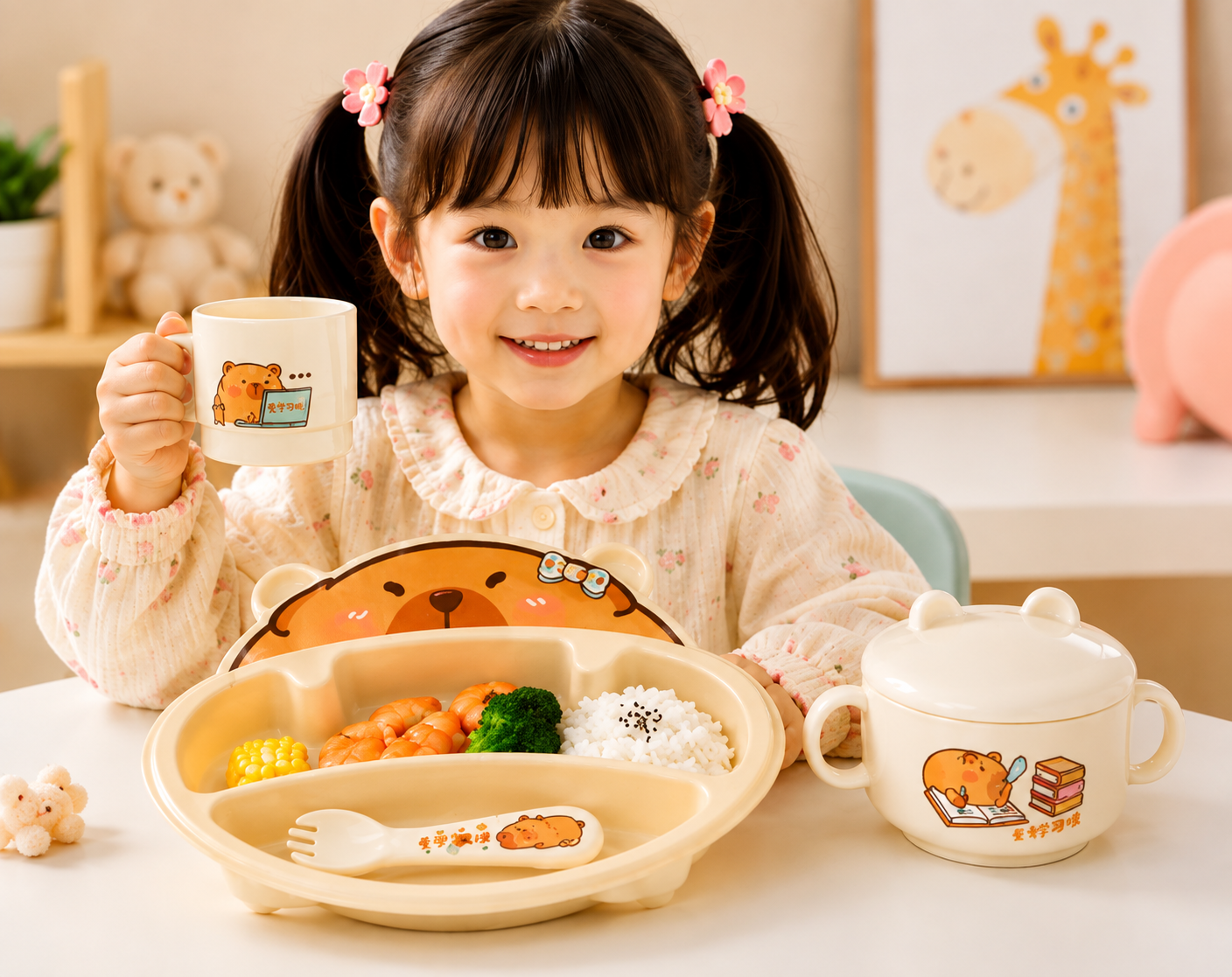Bear Design Kids Tableware Set, Kids Bear Plate, Bowl & Cup Set, Cute Cartoon Bear Feeding Set for Kids, Adorable Bear Kids Feeding Tableware
