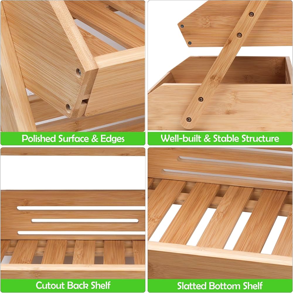 3 Tier Bamboo Fruit and Vegetable Organizer, Wooden Kitchen Storage Basket Stand, Wooden Fruit and Vegetable Display Stand, Countertop Fruit and Vegetable Holder