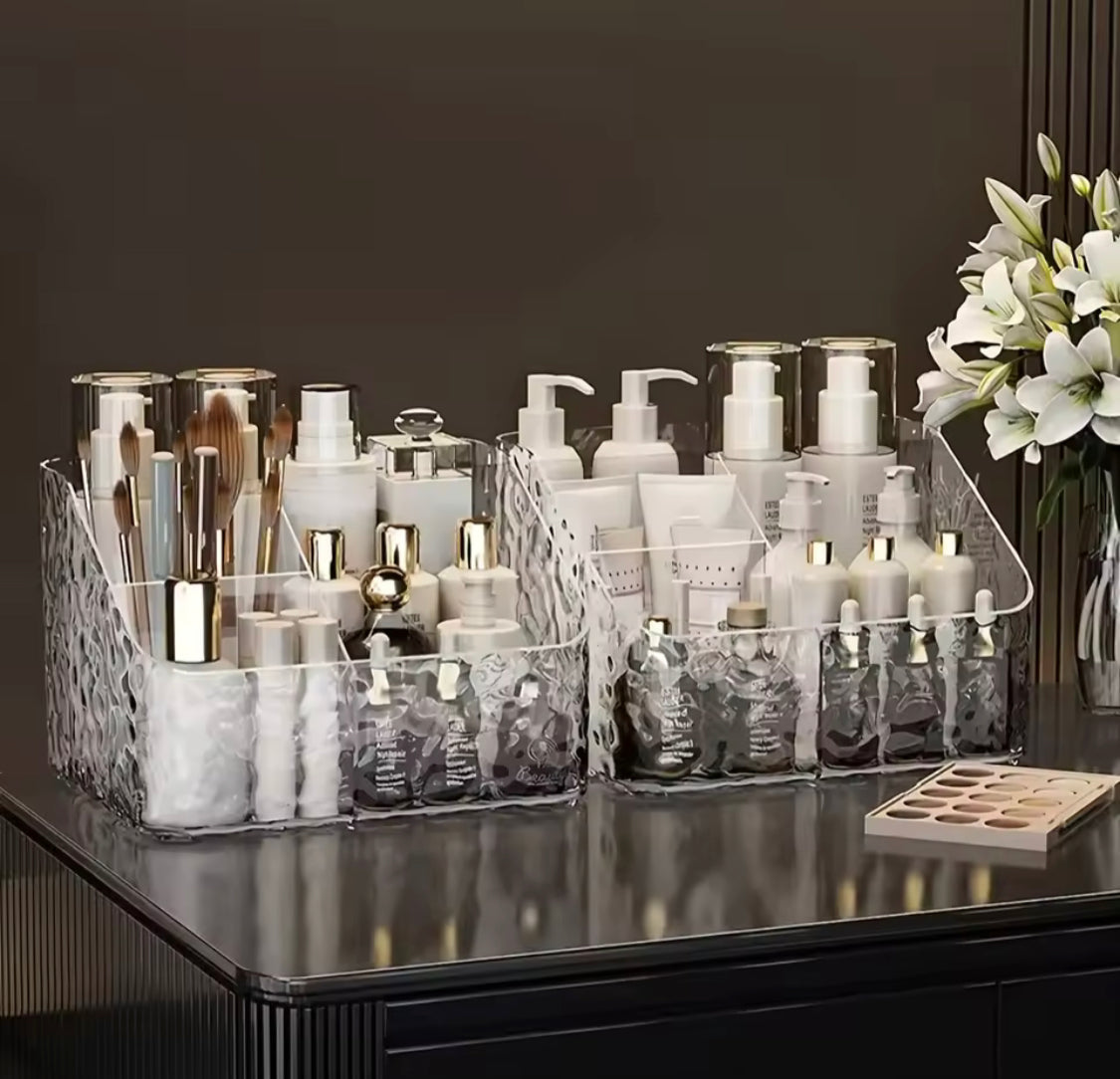 4 Compartment Acrylic Cosmetic Organizer, Transparent Makeup And Skincare Product Holder, Office Desk Stationery Box