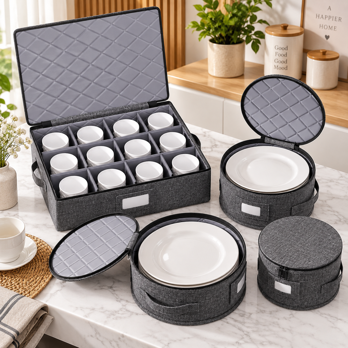 5pcs Dishware Storage Organizer, Foldable Dinnerware Storage Organizer, Kitchen Crockery Storage Organizer, Stackable Plate & Cup Storage Case, Portable Dishware Storage Bag