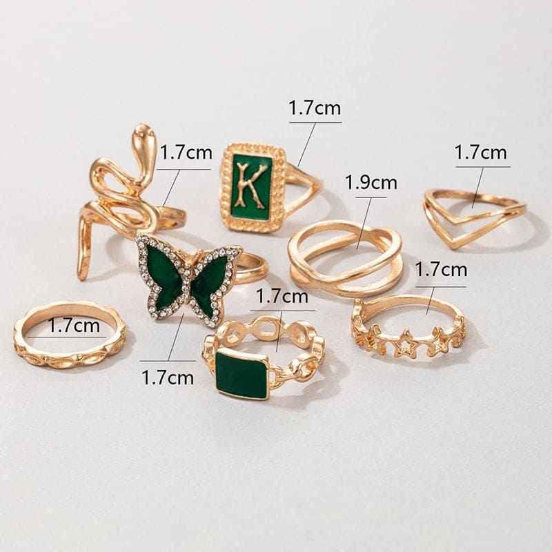 Set Of 8 K Snake Rings, Multi Element Geometric Ring Jewellery, Snake & Butterfly Decor Ring, Green K Letter Snake Butterfly Pentagram Ring For Women