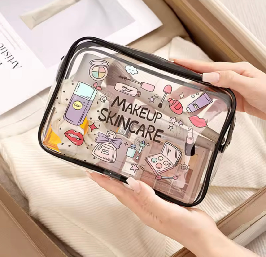 Transparent PVC Makeup Bag, Waterproof Printed Travel Toiletry Bag, Large Capacity Cosmetic Organizer