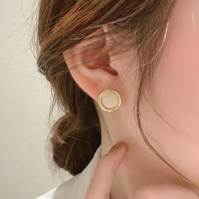 Opal Stud Earring, Metal Round Side Geometric Earring, Simple Pendant Ear Stud Elegant Jewellery