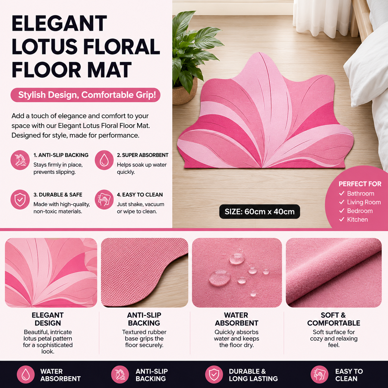 Pink Blossom Absorbent Floor Rug, Lotus Bloom Bath Mat, Pink Petal Comfort Rug, Elegant Lotus Door Mat