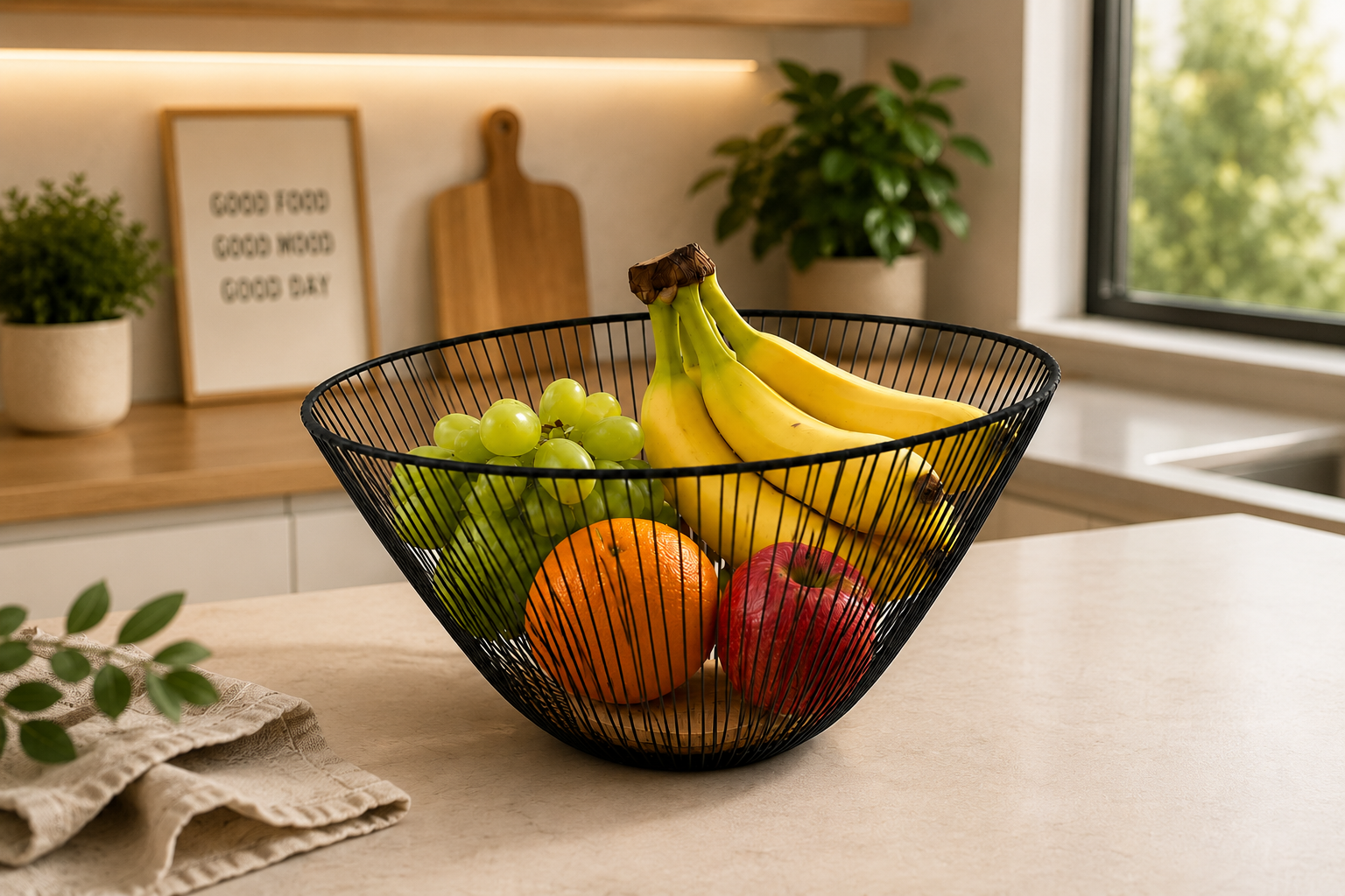 Round Wire Fruit Basket, Modern Minimalist Metal Fruit Bowl, Kitchen Countertop Fruit Basket