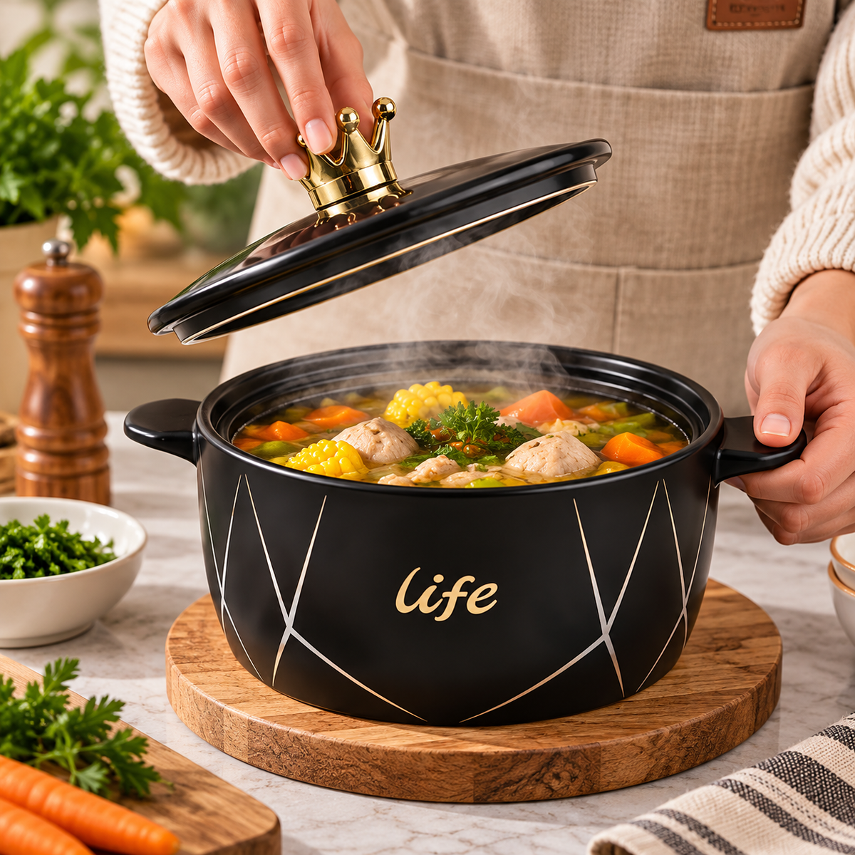 Royal Crown Ceramic Cooking Pot, Luxury Crown Lid Ceramic Pot, Elegant Ceramic Cooking & Serving Pot