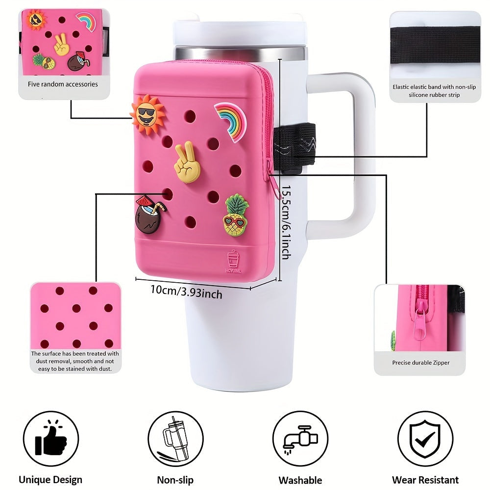 Silicone Water Bottle Pouch, Silicone Tumbler Bag With Charms, Anti Slip Arm Bag, Portable Stanley Pouch With Charms