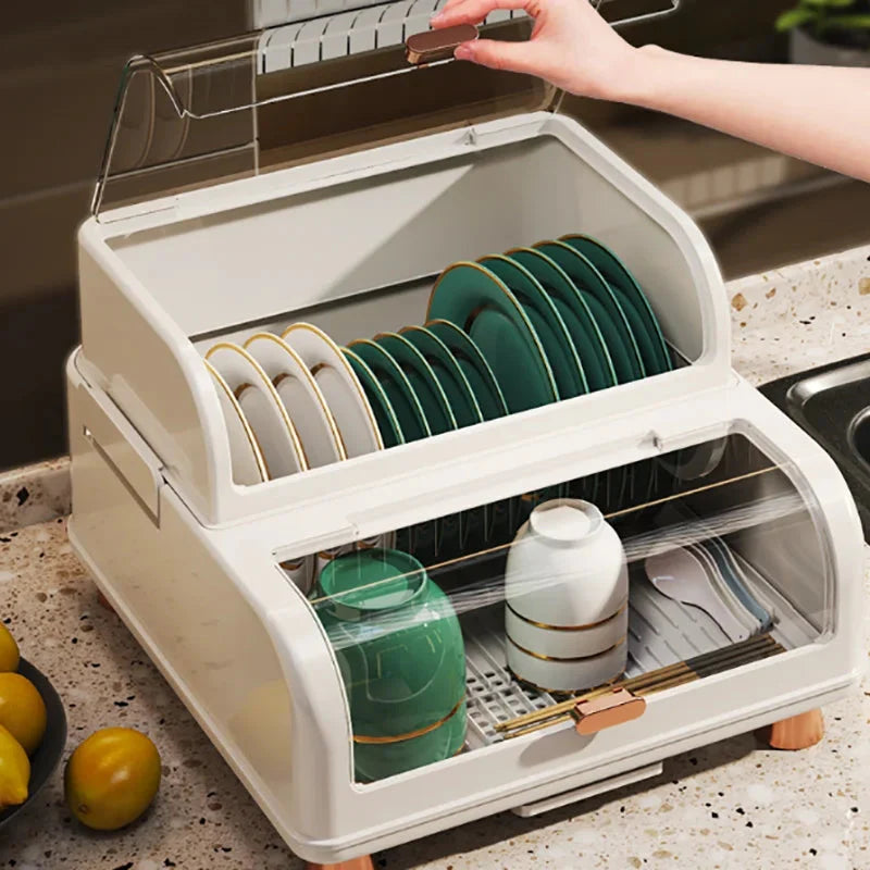 Double Layer Kitchen Dish Rack with Lid, Dustproof Dish Rack Organizer, Kitchen Dish Drying Rack, Multifunctional Storage Organizer