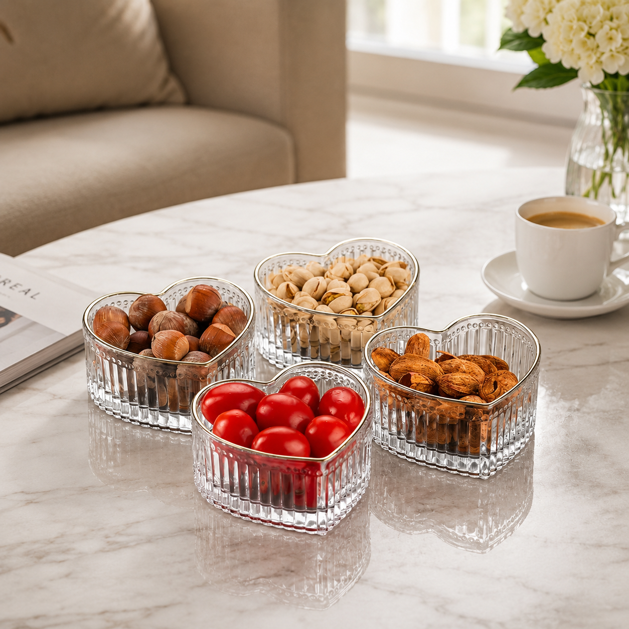 Rotatable 6pcs Heart Shaped Glass Snack Bowl Set, Luxury Ribbed Heart Glass Serving Bowls, Crystal Heart Glass Snack Bowl Set