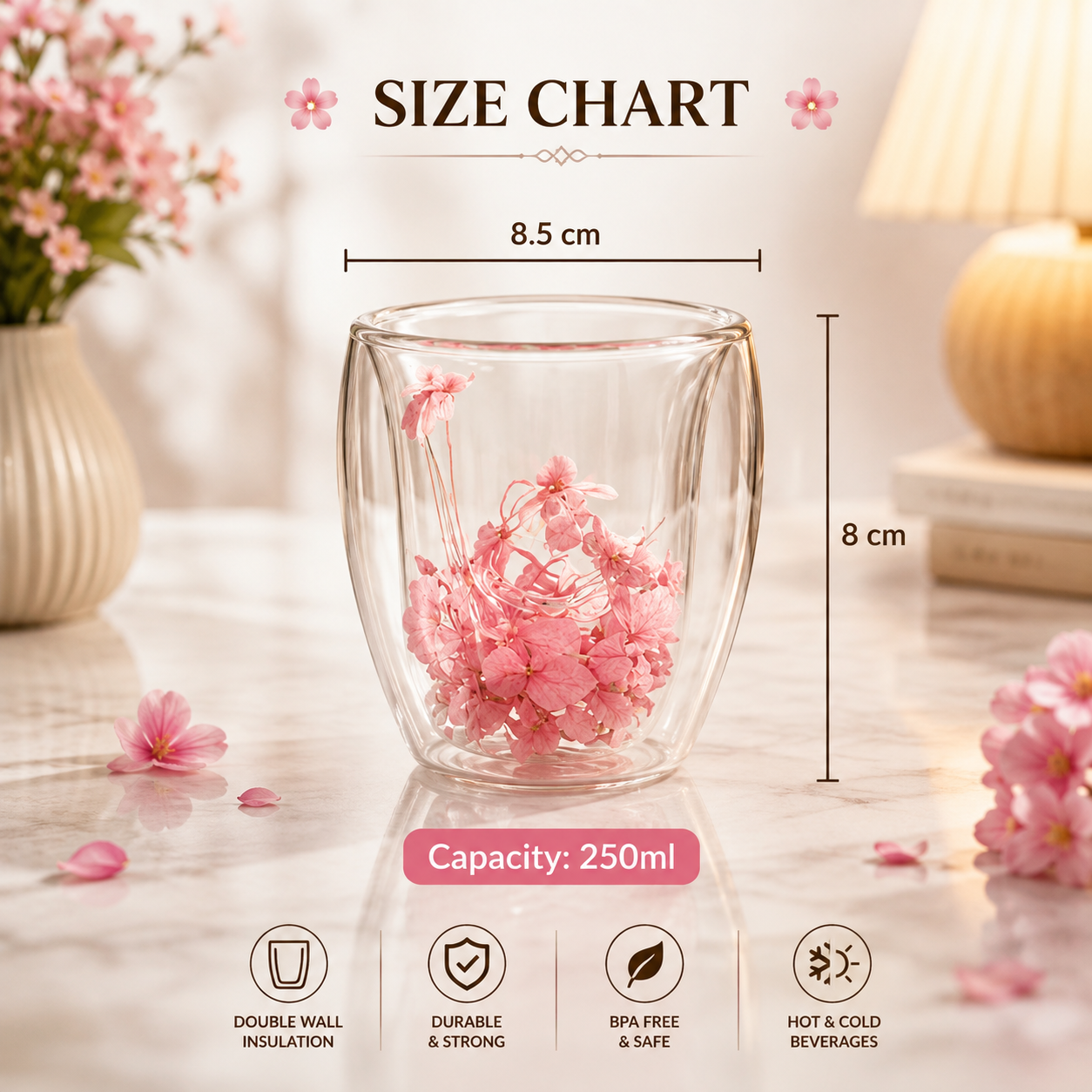 Double Wall Flower Glass Cup, Dried Flower Glass Cup, Transparent Beverage Mug, Chai Glass Cup, Insulated Coffee Mug