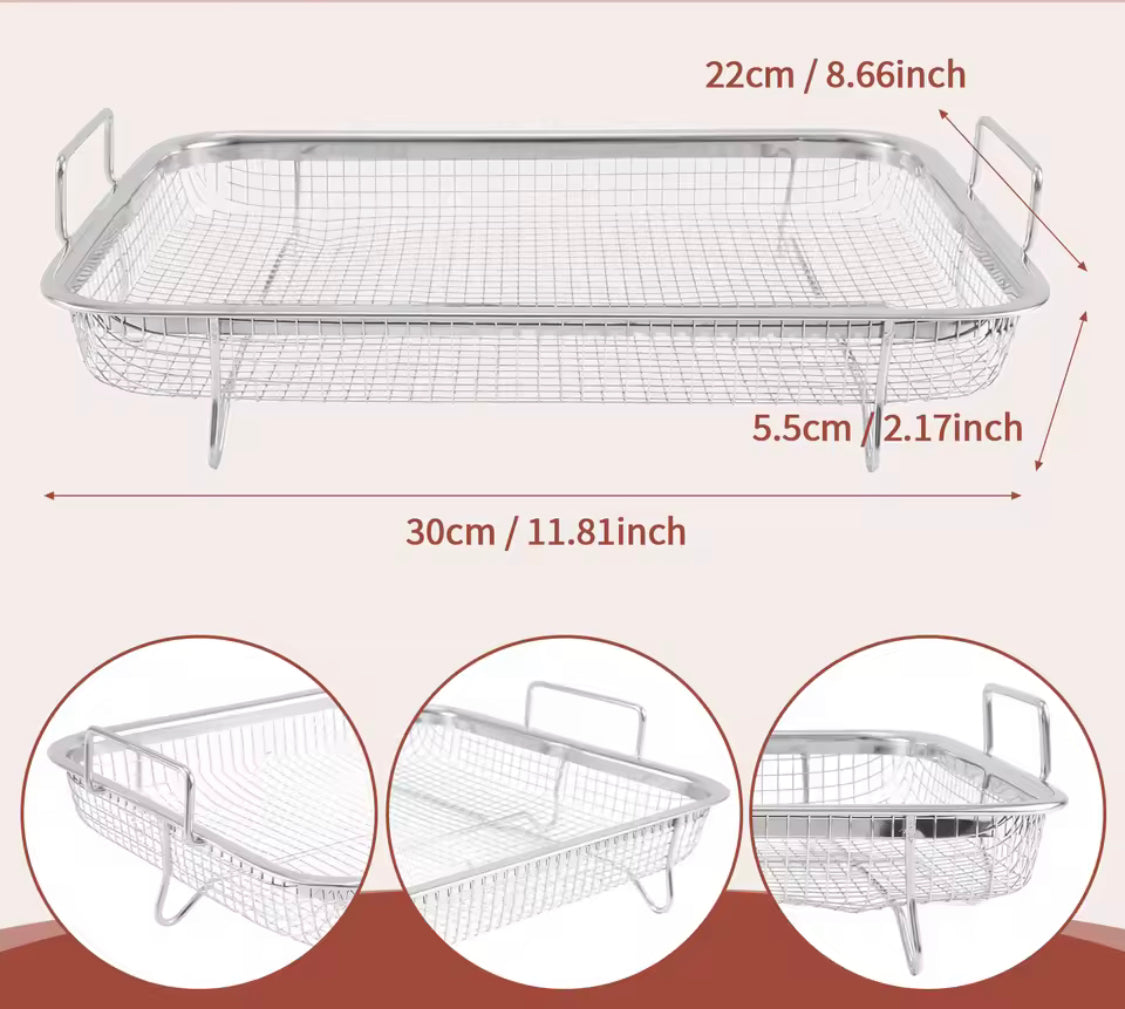 Stainless Steel Air Fryer Tray, Double Non Stick Crisper Tray, Multifunction Roasting Frying Basket, Oven Grill Pan Basket, Kitchen Cooking Tool