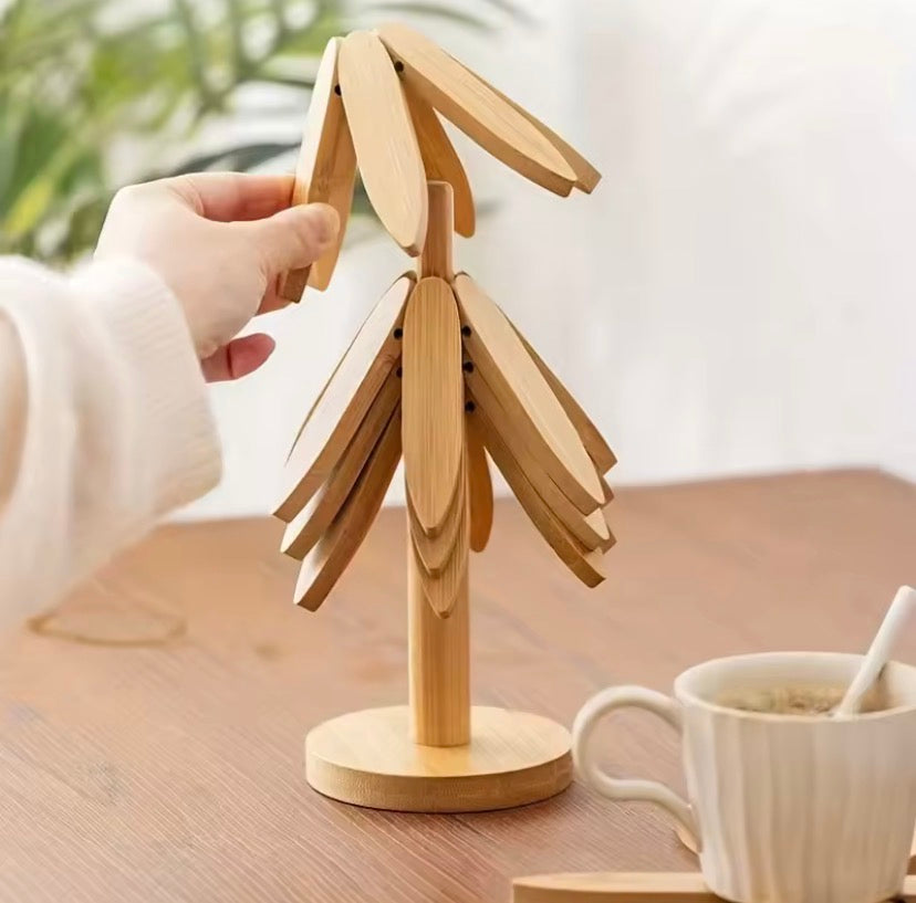 Expandable Tree Shape Pot Stand, Tree Design Wooden Trivet,     Foldable Wooden Heating Pad,     Heat Resistant Wooden Pot Stand,     Blossom Wooden Trivet