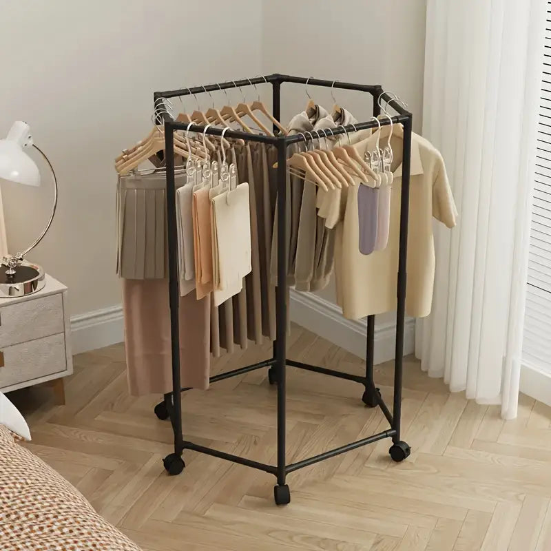 360° Rotating Metal Clothes Stand Rack With Wheels, Multi Purpose Garment Organizer, Rolling Clothes Hanging Rack, Portable Clothes Storage Rack, Space Saving Rolling Clothes Rack