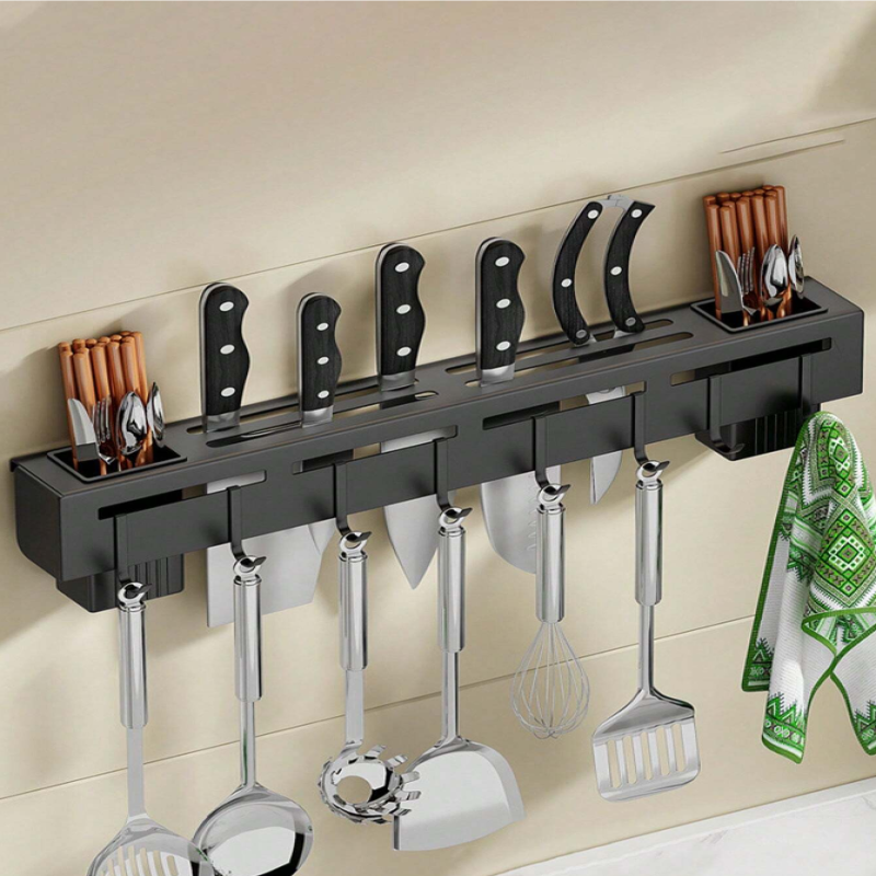Wall Mounted Kitchen Utensil Organizer, Multi Purpose Kitchen Tool Storage Rack, Kitchen Knife Stand with Hanging Hooks