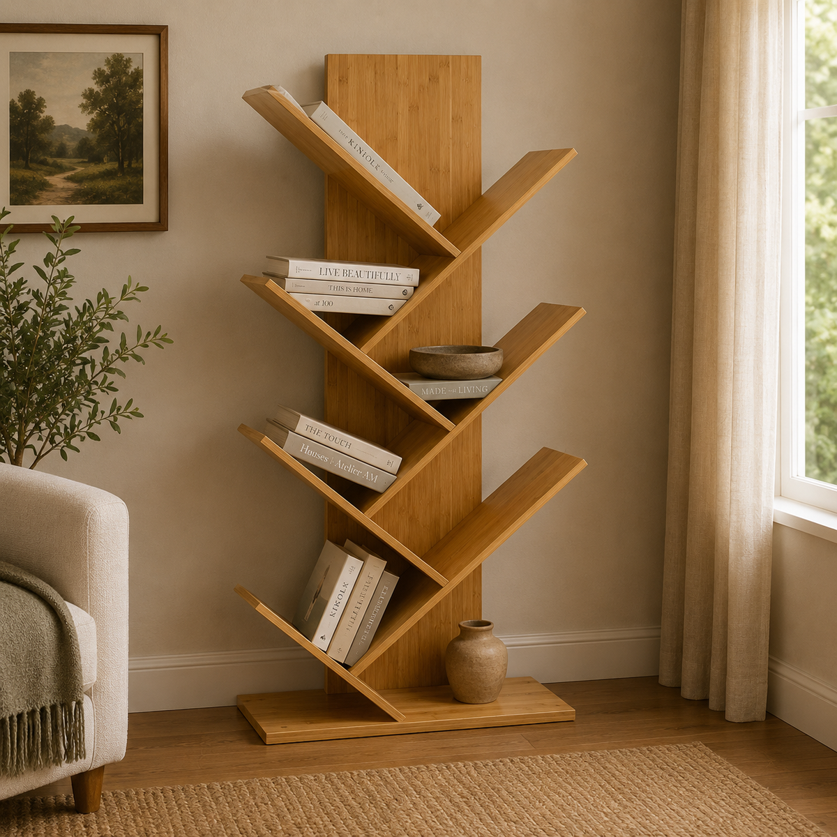 Wooden Tree Shaped Bookshelf, Multi Tier Zigzag Book Rack and Display Organizer, Decorative Tree Bookshelf for Living Room, Space Saving Wooden Book Rack