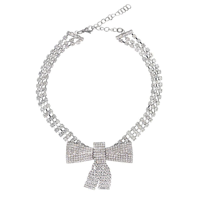 Shiny Crystal Bowknot Necklace, Long Tassel Rhinestone Necklaces, Luxurious Bowknot Pendant Necklace, Sparking Crystal Pave Bowknot Pendant, 3D Bowknot Pendant Necklace Jewellery