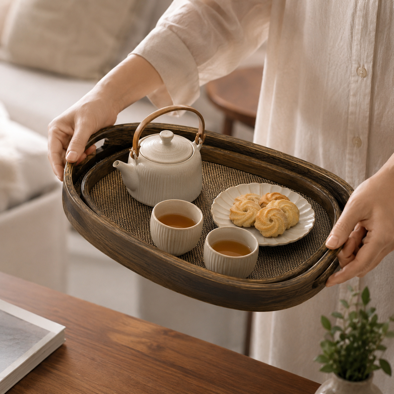 3pcs Classic Wooden Serving Tray Set, Handcrafted Style Woven Tray Set, Elegant Wooden Breakfast & Serving Trays