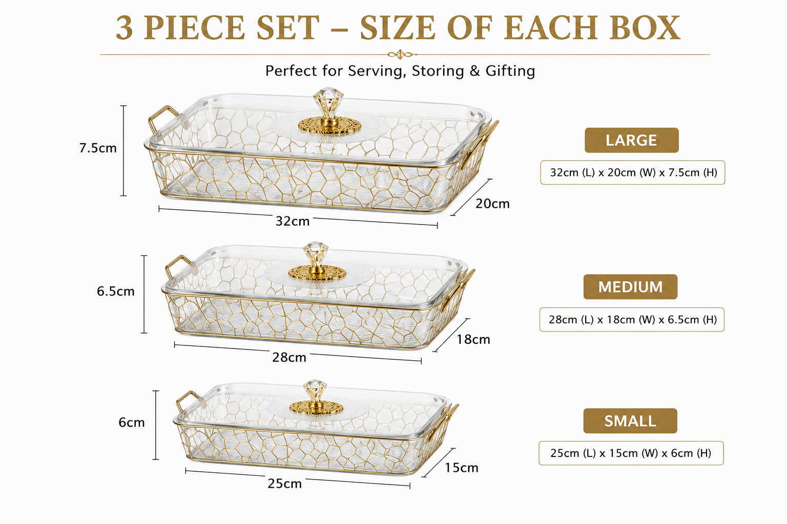 3pcs Luxury Glass Serving Dish Set, Decorative Covered Glass Dish Set