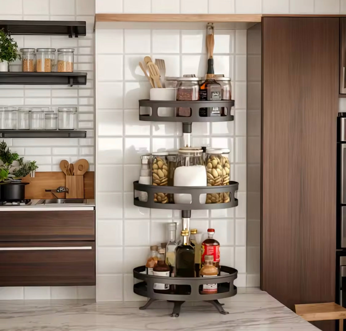 360° Rotation Spice Rack Organizer, Multi Layer Carbon Steel Kitchen Storage Rack, Non Skid Base Kitchen Storage Rack
