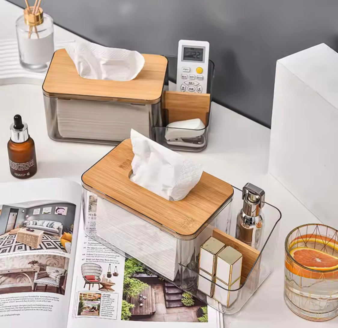Acrylic Tissue Box With Wooden Cover, Tissue Box With Remote Holder, Kitchen Room Napkins Organizer