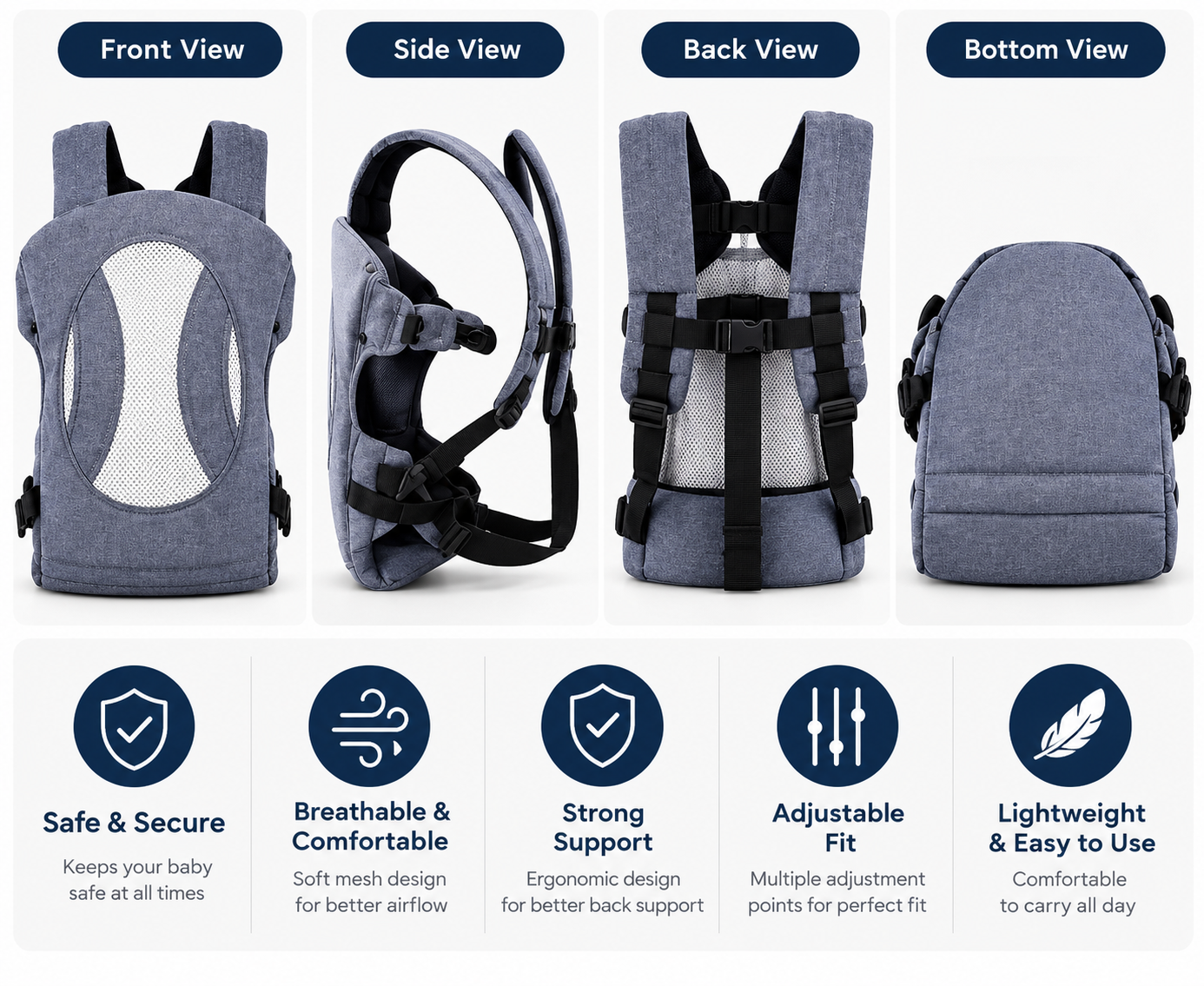 Baby Carrier with Breathable Mesh Back Support, Adjustable Baby Carrier with Waist Support, Multi Position Baby Carrier with Padded Shoulder Straps, Baby Carry Bag with Adjustable Safety Buckles