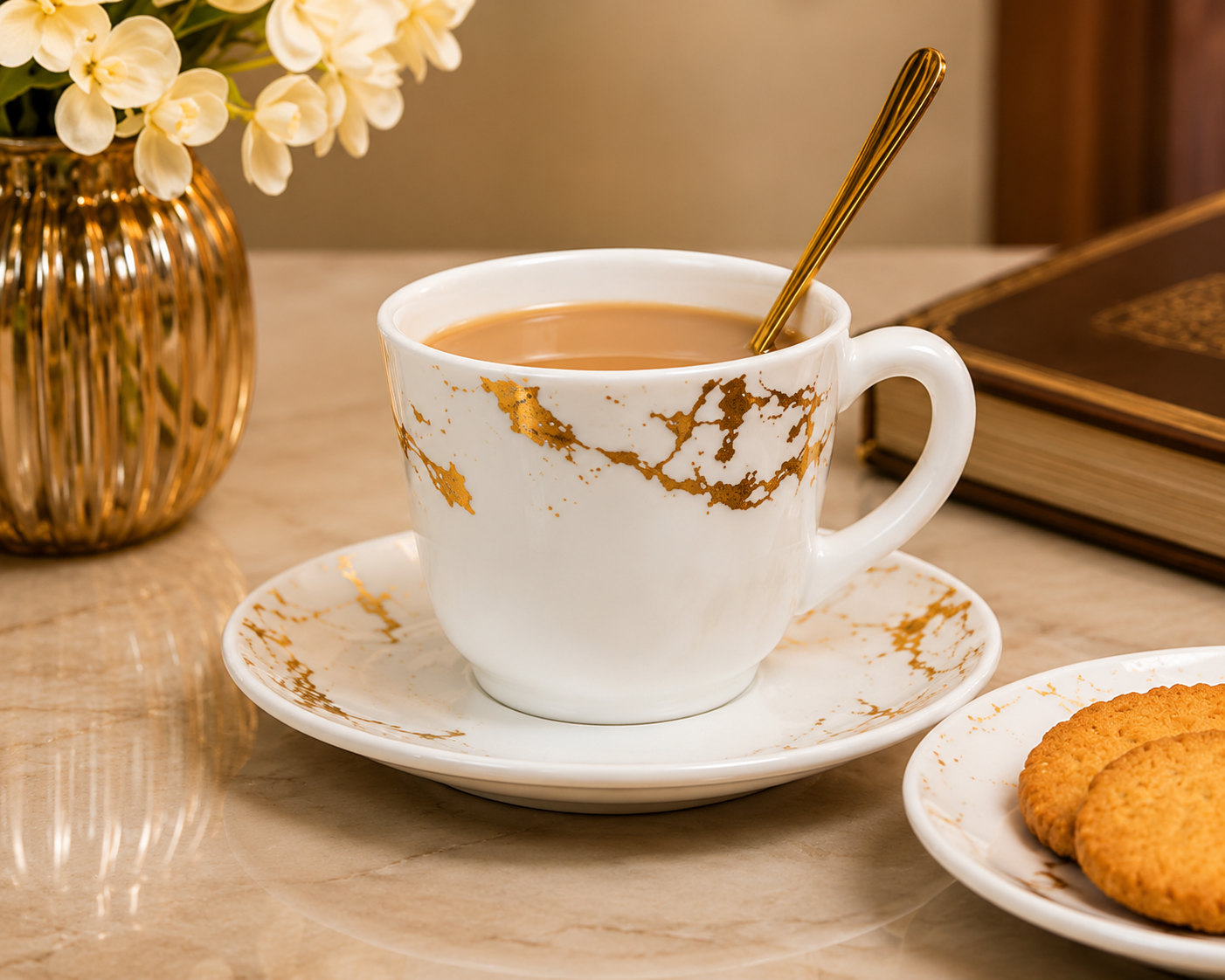 Elegant 6Pcs Tea Cup With Saucer Set, Golden Crackle Design Tea Cup Set, Insulated Coffee Mug, Coffee Glass